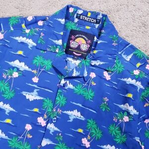 Good Vibes Hawaiian Shirt Men M Blue Palm Tree Hibiscus Loop Collar Camp Stretch